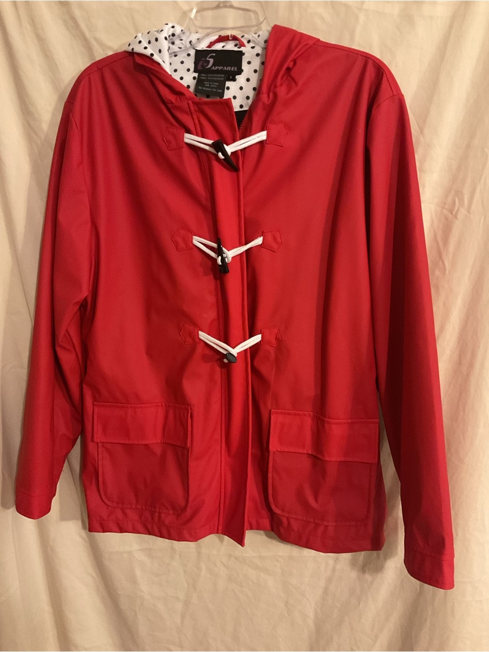 Womens Sz.L. Red Hooded Toggle Rain Jacket -40” chest 30” long